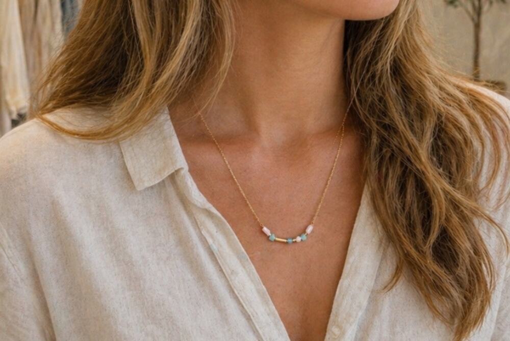 Lou & Co Gold Pink Blue Beaded Necklace New